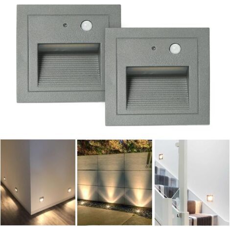 Lot De 2 Led Spot Mural Encastré 3w Applique Murale Escalier Etape Lumière Lampe Détecteur De Mouvement Sol Encastré Lumière Escalier Lumière Hall Lampe 2800k Blanc Chaud-cadre Blanc-gris Cha