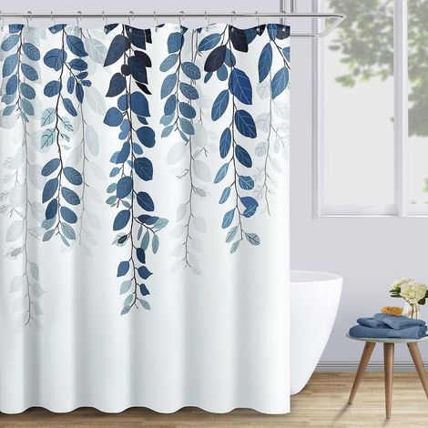 Duschvorhang 180 X 180 Cm, Duschvorhang Mit Blauem Blattmuster, Wasserdichter Duschvorhang Aus Bedrucktem Polyester