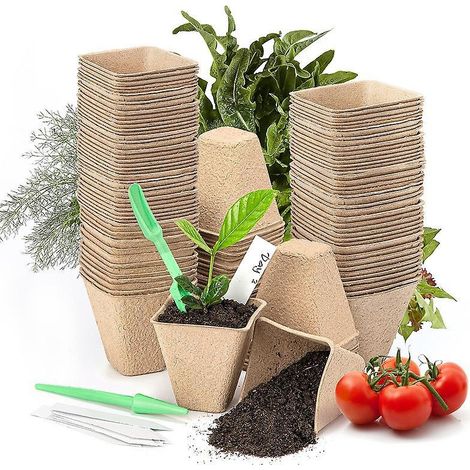 100 Biologisch Abbaubare Anzuchttöpfe, 8 Cm Quadratische Pikiertöpfe, Gartentöpfe Mit 100 Pflanzenetiketten Für Gemüse- Und Blumensamen