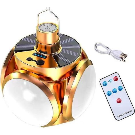 Goldfarbene, Per Usb Aufladbare Solar-led-campinglampe Mit 4 Faltbaren Lampenblättern, Ip65 Wasserdicht, 5 Beleuchtungsmodi, 45 Leds, Display
