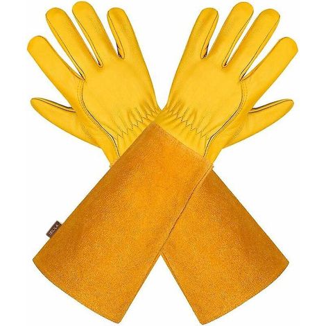 (gelb L) Atmungsaktive Gartenhandschuhe Aus Leder Für Damen Und Herren Mit Anti-kiefern-beschichtung, Langärmelig, Aus Rindsleder, Für Gärtner Und Landwirte