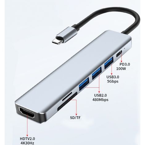 7-in-1 Usb-c-hub: Hdmi-, Power Delivery-, Sd/tf-, Usb 3.0- Und 2.0-anschlüsse