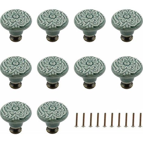 Set Mit 10 Dekorativen Keramikknöpfen (grün) Für Schubladen, Schränke, Kommoden, Regale, Möbel, Inklusive Griffmulde.