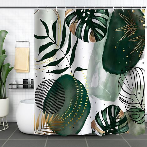 Boho-duschvorhang 180 X 180 Cm, Abstrakter, Minimalistischer Duschvorhang Im Mid-century-modern-stil Mit Tropischen Grünen Blättern, Ästhetische Kunst