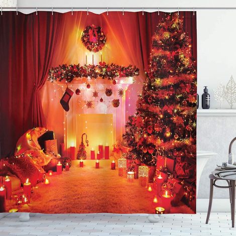 Weihnachtlicher Duschvorhang, Neujahrsmotiv, Badezimmerdeko-set Aus Stoff Mit Haken, 180 Cm X 220 Cm, Orange