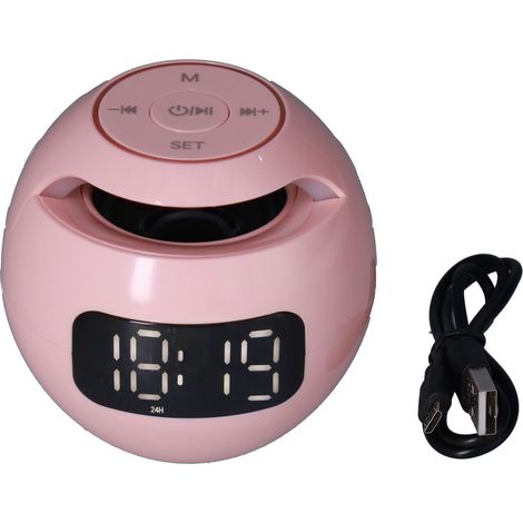 Multifunktionaler Bluetooth 5.0 Wecker, Tragbarer Kugelförmiger Lautsprecher Mit Uhr Für Schlafzimmer Oder Büro, Rosa, Wiederaufladbar
