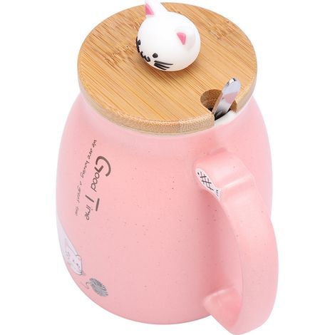 Stück Niedlicher Keramikbecher Mit Katzenmotiv, Inklusive Löffel Und Deckel, Geeignet Für Kaffee, Milch Und Wasser, Geschenkidee Für Getränke (rosa)