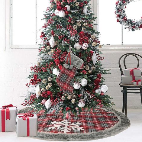 Rot-karierter Weihnachtsbaumrock Mit Schneeflockenmuster – 120 Cm, Weihnachtsbaumschmuck, Künstliche Wollbaumdecke, Weihnachtsbaumdekoration