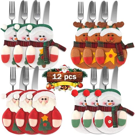 12-teiliges Weihnachtsbesteckset Mit Weihnachtsmannmotiv, Aufbewahrungsbeutel Für Gabeln Und Löffel, Tischdekoration