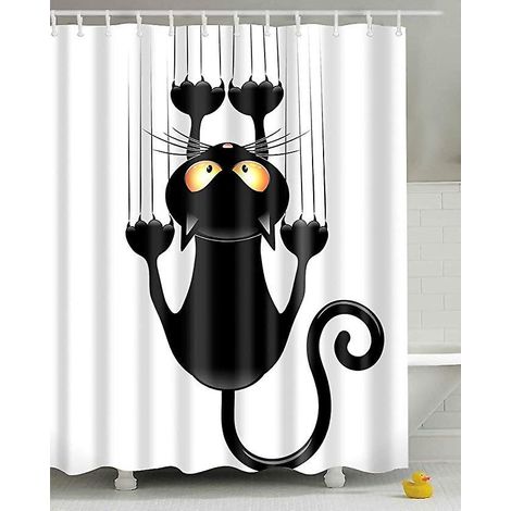 Duschvorhang Zum Selbstaufbau (schwarze Katze, 150 X 180 Cm), Lustiges Katzenmotiv, Wasserdicht Und Schimmelresistent, Inklusive Haken