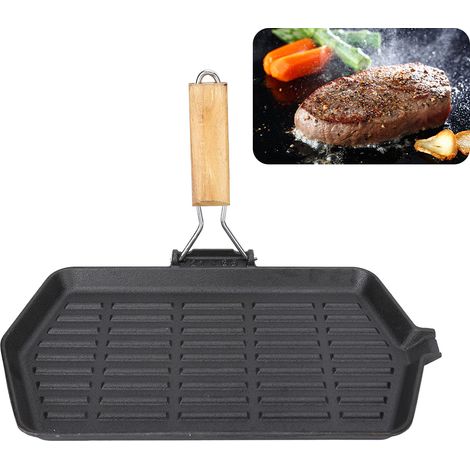 21 X 35 Cm Große Grillpfanne Aus Gusseisen, Antihaftbeschichtet, Faltbar Und Tragbar, Ideal Für Steaks, Gleichmäßige Hitzeverteilung, Mit Holzgriff