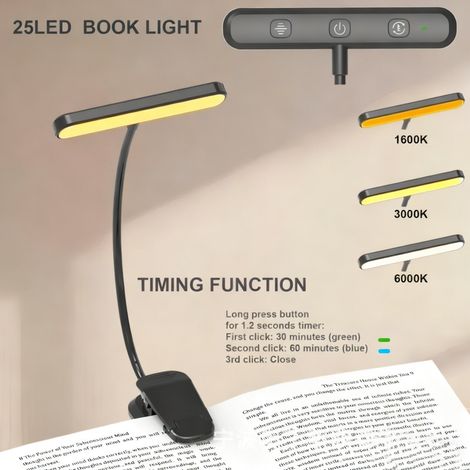 Verstellbare Klemm-leselampe, 3 Farbtemperaturen Und Variable Intensität, Für Bett Und Nachttisch, Schwarzes Schwenkdesign.