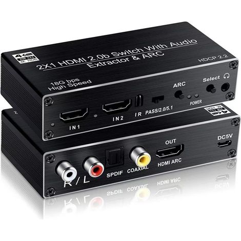 2-in-1 Hdmi-switch Mit Audio-extraktor Und 4k 60hz Arc-, Koaxialen Rca L/r- Und Stereo-spdif-ausgängen