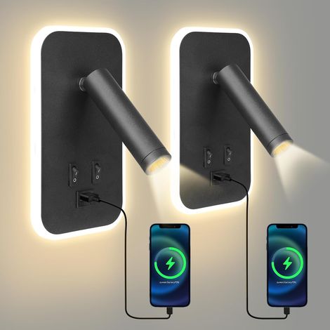 Nachttisch-leseleuchte, 2er-pack Led-wandleuchten Für Schlafzimmer Mit Schalter Und Usb-ladeanschluss, 3 W + 9 W, 3000 K, Drehbarer Wandstrahler, Wandleuchten Für Bett, Flur, Hotel (schwarz, 2 Stück)