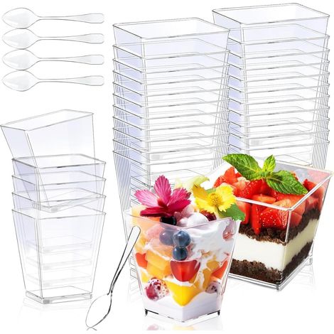 50 Durchsichtige Dessertbecher Mit Löffeln, 60 Ml, Aus Wiederverwendbarem Hartplastik Für Veranstaltungen