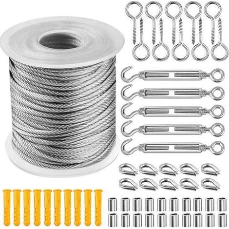 Steel Wire Rope Set - 30m X 2mm - Comes With Stainless Steel Hooks, Screw Eyes And Fasteners - Outdoor Lighting Lead - Steel Wire - Garden Steel Wire Suspension Set - Suitable For Tent Rope, Clothesli