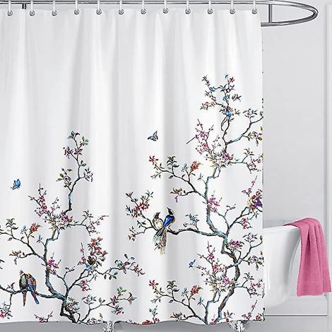 Dekorativer Duschvorhang Fürs Badezimmer (weißes Blumen- Und Vogelmotiv, 180 X 180 Cm), Wasser- Und Schimmelabweisend, Antibakteriell, Mit Schmutzabweisenden Ösen
