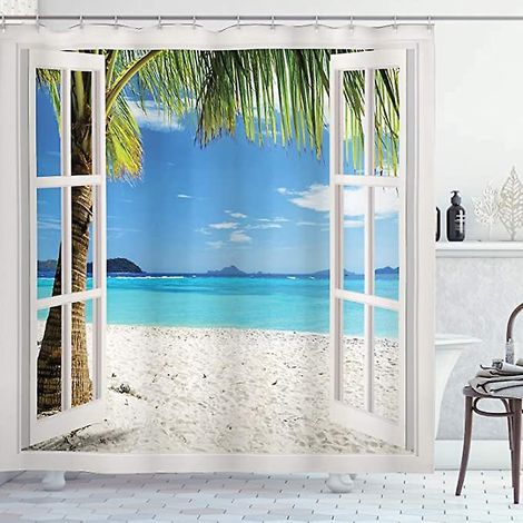 Duschvorhang Aus Polyester Mit Strandmotiv (180 X 180 Cm), Tropischer Palmenbaum, Badezimmer-dekorationsset Aus Stoff Mit Haken