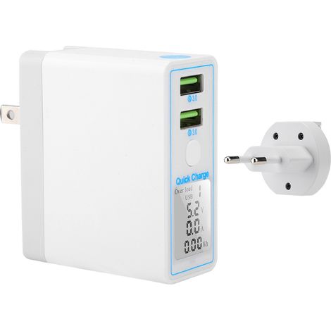 Weißes Qc3.0 Dual-usb-ladegerät Mit Lcd-display Für Smartphones, 100–240 V Eu-stecker