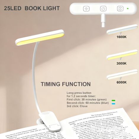Led-leselampe Mit Klemme, 3 Farbtemperaturen Und Einstellbarer Helligkeit, Für Bett Und Nachttisch, Weiß