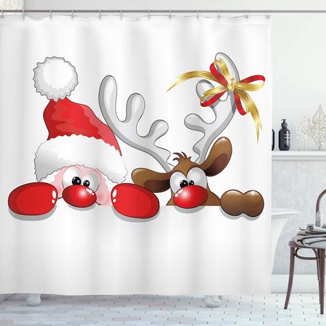 Nol Duschvorhang, 180 X 180 Cm, Lustiges Weihnachtsmann-rentier-motiv, Stoff-badezimmerdekor-set Mit Haken, Zinnoberrot, Karamellweiß