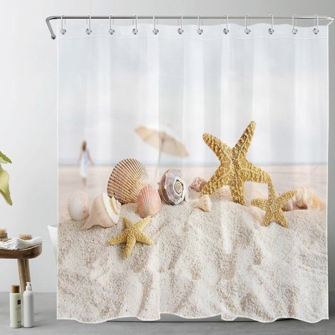(180 X 180 Cm, Meeresleinwand Und Weißer Sandmuschel) Duschvorhang Mit Tropischem Strandmotiv, Inklusive Haken, Wasserdicht Und Schimmelresistent, Aus Polyester
