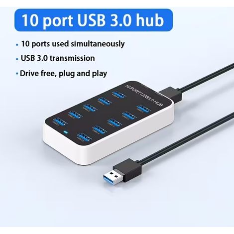 10-port Usb 3.0 Hub, Universaladapter Für Laptops Mit High-speed-übertragung Von 5 Gbit/s