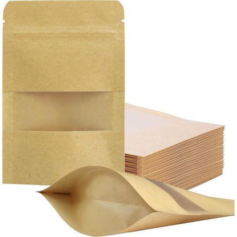 100 Wiederverwendbare Kraftpapierbeutel (10 X 15 Cm) Mit Sichtfenster Und Reißverschluss, Zur Aufbewahrung Von Lebensmitteln Und Als Umweltfreundliche Verpackung.