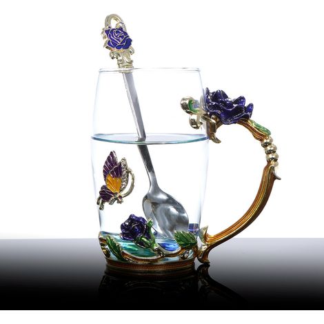 Innovative Teetasse Mit Blumenmuster Und Löffel, Geschenkbecher Für Partys, Weihnachten, Geburtstage, Rosen- Und Blau-design, 350 Ml