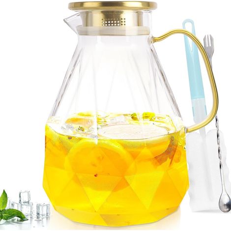 Glaskaraffe, 2-liter-glaswasserkrug Mit Dicht Schließendem Deckel Für Heißes Und Kaltes Wasser, Kaffee, Milch (mit Tassenbürste, Untersetzer Und Rührlöffel)