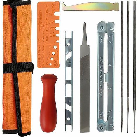 10-teiliges Kettensägen-schärfset – 1 Flache Kettensägenfeile, 3 Runde Klingen, Holzstab, Tiefenmesser, Führungslehre