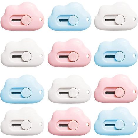 12-teiliges Set Kartonöffner (rosa, Weiß, Blau) (wolkenform) Briefmarkenmesser, Tragbares Einziehbares Universalmesser, Mini-schreibmesser
