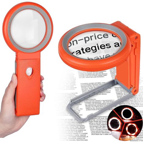 Lupe Mit Licht Und Ständer (orange) 30x 10x, Faltbare Handlupe Mit 18 Leds, Klare Beleuchtete Lupe Bei Makuladegeneration, Leselupe Für Kinder Mit Makuladegeneration