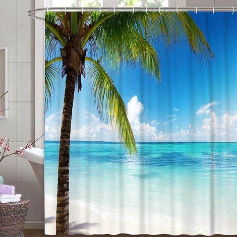 (180x180 Cm) Duschvorhang Mit Tropischem Meeresmuster, Palmen, Strand, Textil, Himmel, Wolken, Schimmelresistent, Blaugrüner Wellen-ozeanvorhang