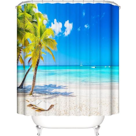 (180 X 180 Cm) 3d-duschvorhang In Ozeanblau, Schimmelresistent, Tropisches Meereslandschaftsmuster, Wasserdichter Stoffduschvorhang, Sandbeiger Vorhang