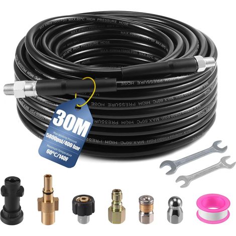 30 M Abflussreinigungsschlauch, 400 Bar/5800 Psi M22 Hochdruckreinigerschlauch Mit 4 Düsen Und 2 Adaptern, 1/4" Flexibler Abflussreiniger, Kompatibel Mit Kärcher K2, K3, K4, K5, K6, K7 Und Bosch