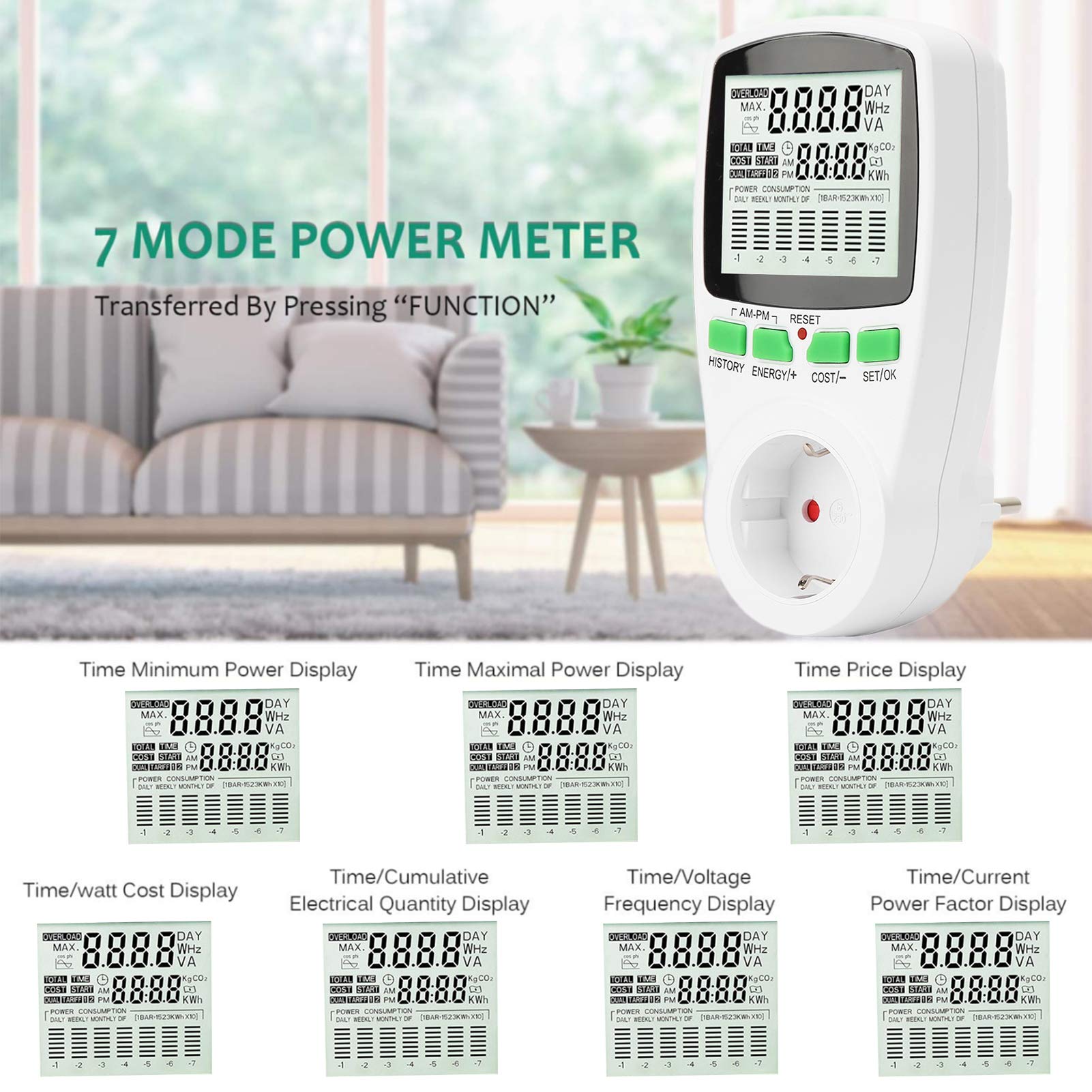 Stromverbrauchsmonitor, Stromzählerausgang Mit 7 Modi Und Lcd-display, Multifunktionaler Stromzählerausgang Für Energieeinsparung 3680 W Max. 1 Stück