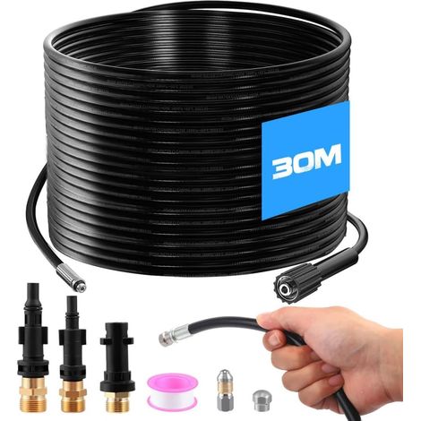 30 M Abflussreinigungsschlauch, Abflussspirale 400 Bar/5800 Psi Mit 3 Adaptern, 2 Düsen Und 1 Teflonband, Kompatibel Mit Kärcher K2-k7, Lavor, Bosch, Parkside Für Den Hausgebrauch