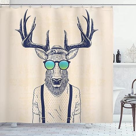 Duschvorhang (180 Cm X 200 Cm, Hirschgeweih), Lustiges Tiermotiv, Stoff-badezimmervorhang Mit Haken, Deko-set