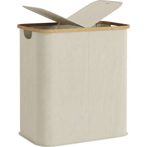 Doppelfaltbarer Wäschekorb (80 L) Mit Deckel Und Griffmulden. Beige.
