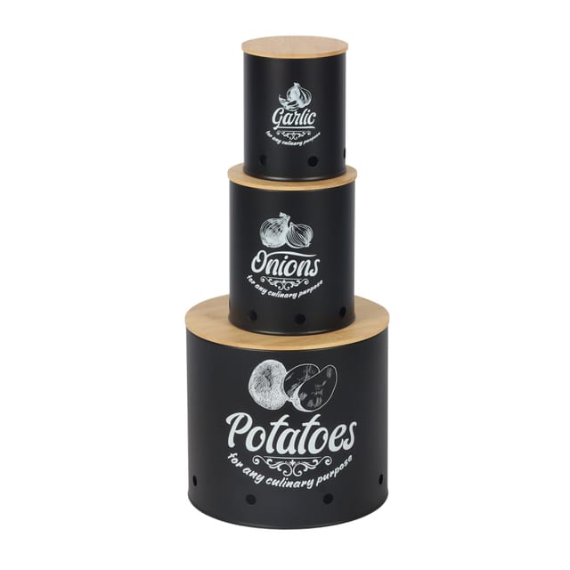 Relaxdays Aufbewahrungsbox 3er Set, Kartoffeln, Zwiebeln, Knoblauch, Gemüsebox Deckel, Vorratsdose Küche, Stahl, Schwarz