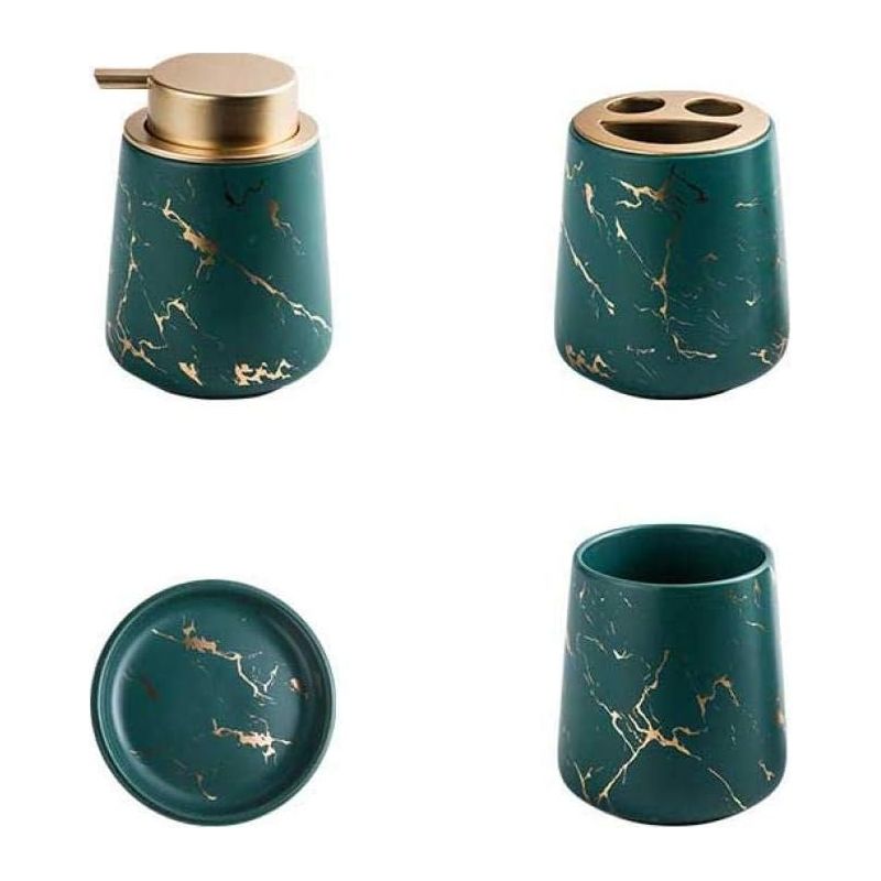 Set Mit 4 Badezimmeraccessoires Aus Marmorierter Keramik – Seifenspender, Zahnbürstenhalter, Becher, Seifenschale – Leicht Zu Reinigen