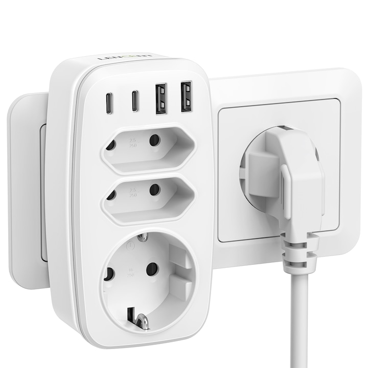 Dreifachsteckdose, Lencent® Usb-stecker, 1 Schuko-steckdose + 2 Euro-steckdosen, 2 Usb-c-anschlüsse + 2 Usb-a-anschlüsse, Max. 4000 W (250 V, 16 A), Überspannungsschutz Und Kindersicherung, Mehrfachst