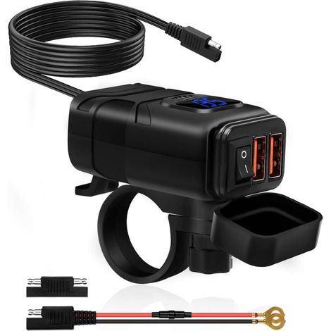 Wasserdichter Motorrad-usb-ladegerät, Doppel-usb/qc3.0-autoladeanschluss, Wasserdichter Motorrad-usb-schnellladeanschluss Mit Schalter Und Led-voltmeter (blaues Licht)