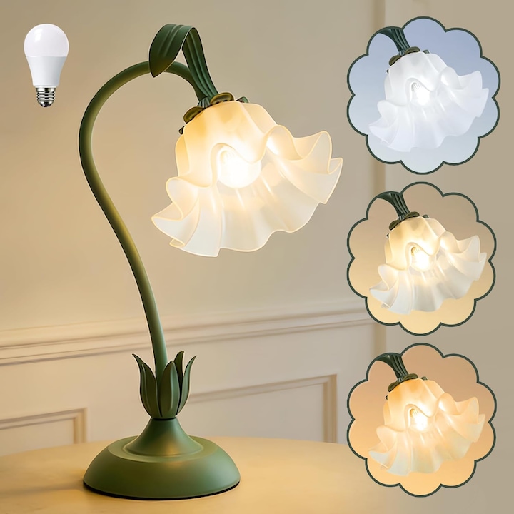 Schreibtischlampe, 3 Farbmodi, Nachttischlampe, Lilienblüte, Leselampe, Für Bett, Wohnzimmer, Schlafzimmer, Ambientebeleuchtung, Inneneinrichtung, Grün