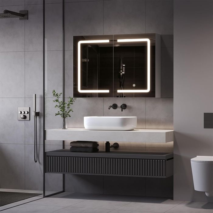 Moderne Badezimmer-schrank Mit 3-farbigem Led Und Spiegel - Wandregal Badezimmer - 2 Türen 80 Cm