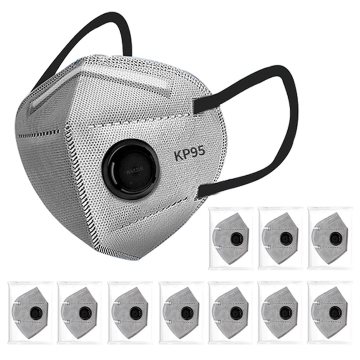 Set Mit 20 Kp95-atemschutzmasken Mit Aktivkohle, 7 Lagen, 1 Ventil, Staub- Und Keimabweisend, Einzeln Verpackt, Naxsir, Grau