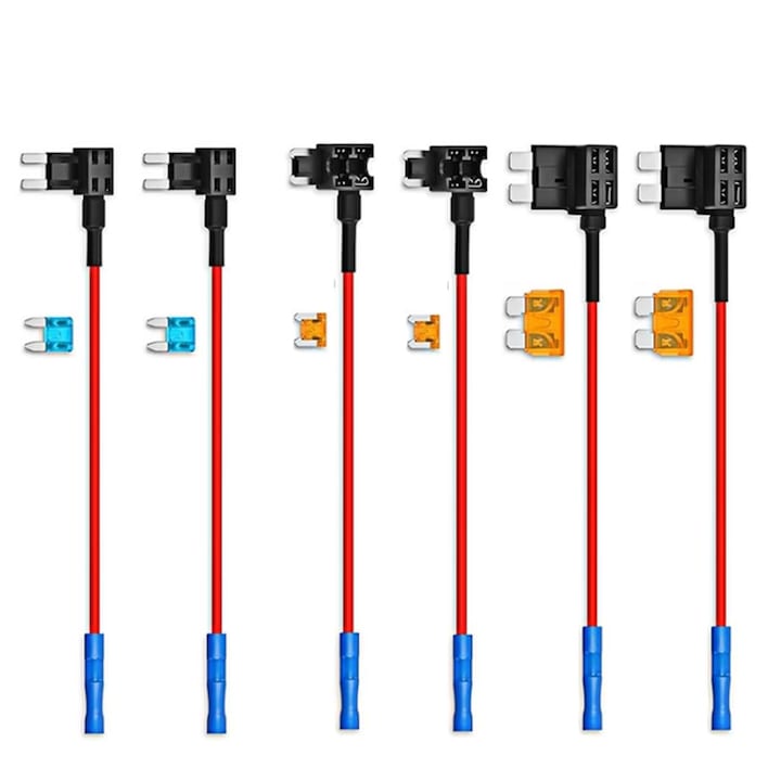 Set Mit 6 Adaptern Für Den Kfz-sicherungskasten, Inklusive Sicherungshalter Und Zusätzlichem Stromkreis – Mini, Klein, Mittel, 12-v-typen, 16-awg-kabel, Schwarz
