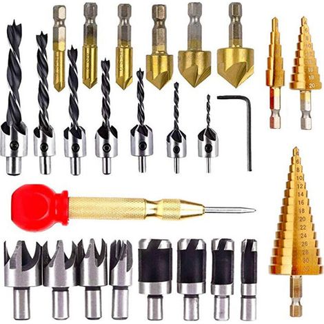 26-teiliges Fräsbohrer-set, 8 Holzdübelbohrer, 7 Dreikantfräser, 6 Kegelsenker, 3 Stufenkegelbohrer