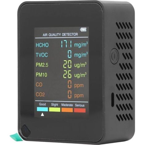 Tragbarer Luftüberwachungsmonitor Mit Hintergrundbeleuchtetem Lcd-bildschirm, Co2-, Tvoc-, Hcho-, Pm2.5- Und Pm10-detektor Mit Alarm, Schwarz